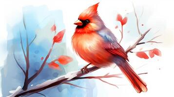 a cute little Northern Cardinal in watercolor style. Generative AI photo