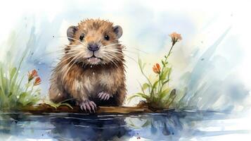 a cute little Muskrat in watercolor style. Generative AI photo