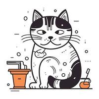 Vector illustration of a cat with a cup of coffee. Linear style.