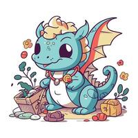 Cute dragon with a treasure box. Cartoon vector illustration for children.