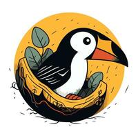 Cute toucan bird sitting in a nest. Vector illustration.