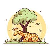 Cartoon giraffe with tree. Vector illustration of wild animal.