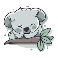 Cute koala sleeping on a branch with leaves. Vector illustration.