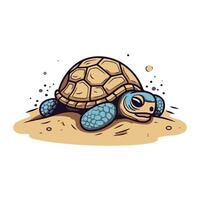 Cartoon turtle on the sand. Vector illustration on white background.