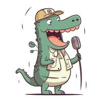 Crocodile singing a song in a microphone. Vector illustration.