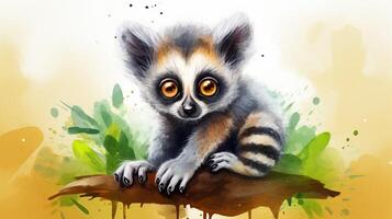 a cute little Lemur in watercolor style. Generative AI photo