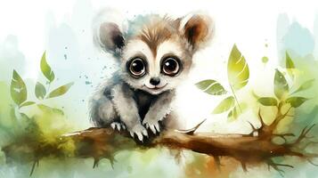 a cute little Lemur in watercolor style. Generative AI photo