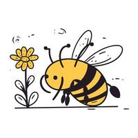 Bee with flower. Vector illustration in doodle style. Isolated on white background.