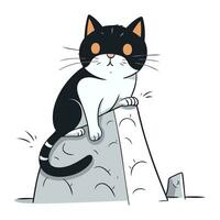 Cute black and white cat sitting on a stone. Vector illustration.