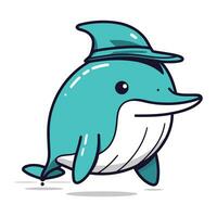 Cute cartoon dolphin with hat. Vector illustration isolated on white background.