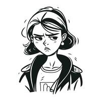 Angry girl. Vector illustration in black and white style on a white background.