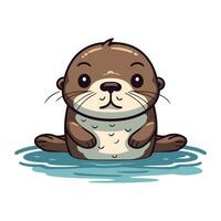 Cute cartoon otter sitting on the water. Vector illustration.