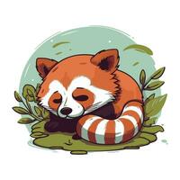 Red panda sleeping on a green grass. Vector illustration in cartoon style.