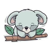 Cute koala sleeping on a branch with leaves. Vector illustration.
