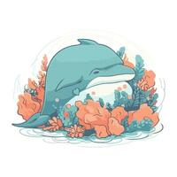 Cute cartoon whale with corals and seaweed. Vector illustration.