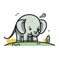 cute elephant animal in the field vector illustration color line and fill