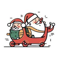 Santa Claus rides a car with gifts. Vector illustration in line style.