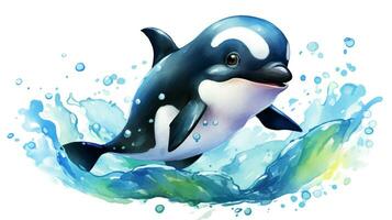 a cute little Killer Whale in watercolor style. Generative AI photo