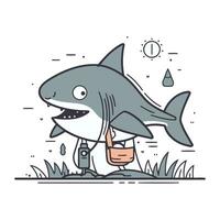 Shark fishing. Vector illustration in thin line style on white background.