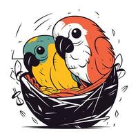 Cute parrots in the nest. Hand drawn vector illustration.