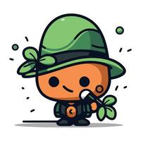 Cute Cartoon Farmer Character Wearing Hat and Holding a Leaf Vector Illustration