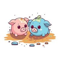 Cute piggy and pig in the mud. Vector illustration.