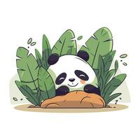 Cute panda sitting on a rock in the jungle. Vector illustration.