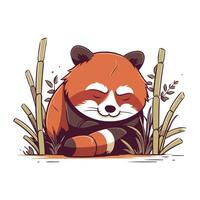 Cute cartoon red panda sleeping in bamboo forest. Vector illustration.