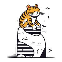 Cute tiger sitting on the stone. Vector illustration in cartoon style.