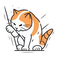 Vector illustration of a cat with a stick in his paw. Cute cartoon character.