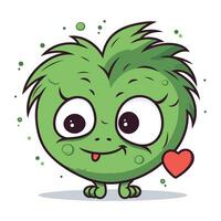 Cute green monster with red heart. Vector cartoon character illustration.