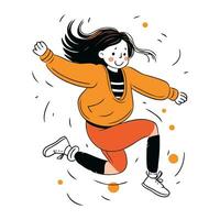 Vector illustration of a girl with long hair in a yellow jacket and orange pants jumping.