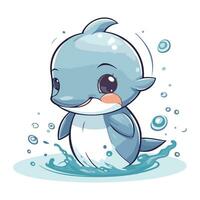 Cute cartoon baby whale swimming in the water. Vector illustration.