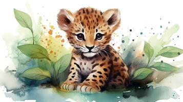 un linda pequeño jaguar en acuarela estilo. generativo ai foto