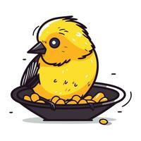 Cute yellow chick with corn in a bowl. Vector illustration.