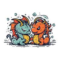 Vector illustration of two funny dragons. Cartoon style. Isolated on white background.