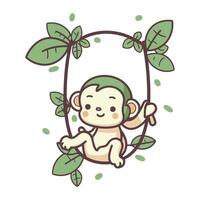 Cute baby monkey with leaves. Vector illustration in cartoon style.