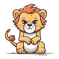 Cute cartoon lion sitting and showing thumbs up. Vector illustration.