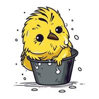 Cute little yellow chick in a bucket of water. Vector illustration.