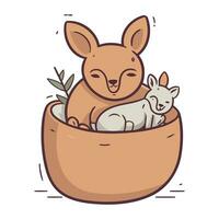Cute kangaroo in a basket. Vector illustration in cartoon style.