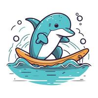 delfín saltando fuera de el bote. vector ilustración en dibujos animados estilo.