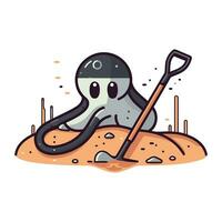 Cute alien with a shovel on the beach. Vector illustration.