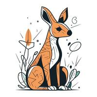 Vector illustration of a cute cartoon kangaroo with flowers and leaves.