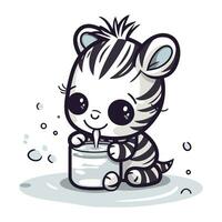 Cute cartoon zebra drinking milk from a jar. Vector illustration.