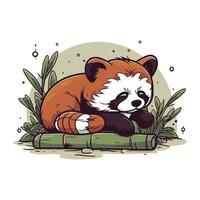 Vector illustration of a cute red panda sleeping on a bamboo.