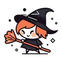 Cute little girl in a witch costume with a broom. Vector illustration.