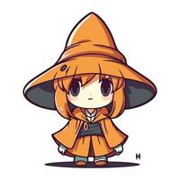 Cute cartoon witch in orange cloak and hat. Vector illustration.