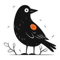 Cute black bird with orange eyes. Hand drawn vector illustration in cartoon style.