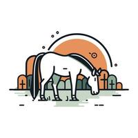 Horse in the park. Vector illustration in flat line style.