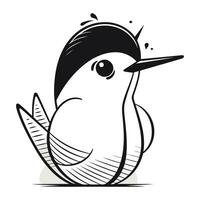 Black and white vector illustration of a bird sitting on a branch.